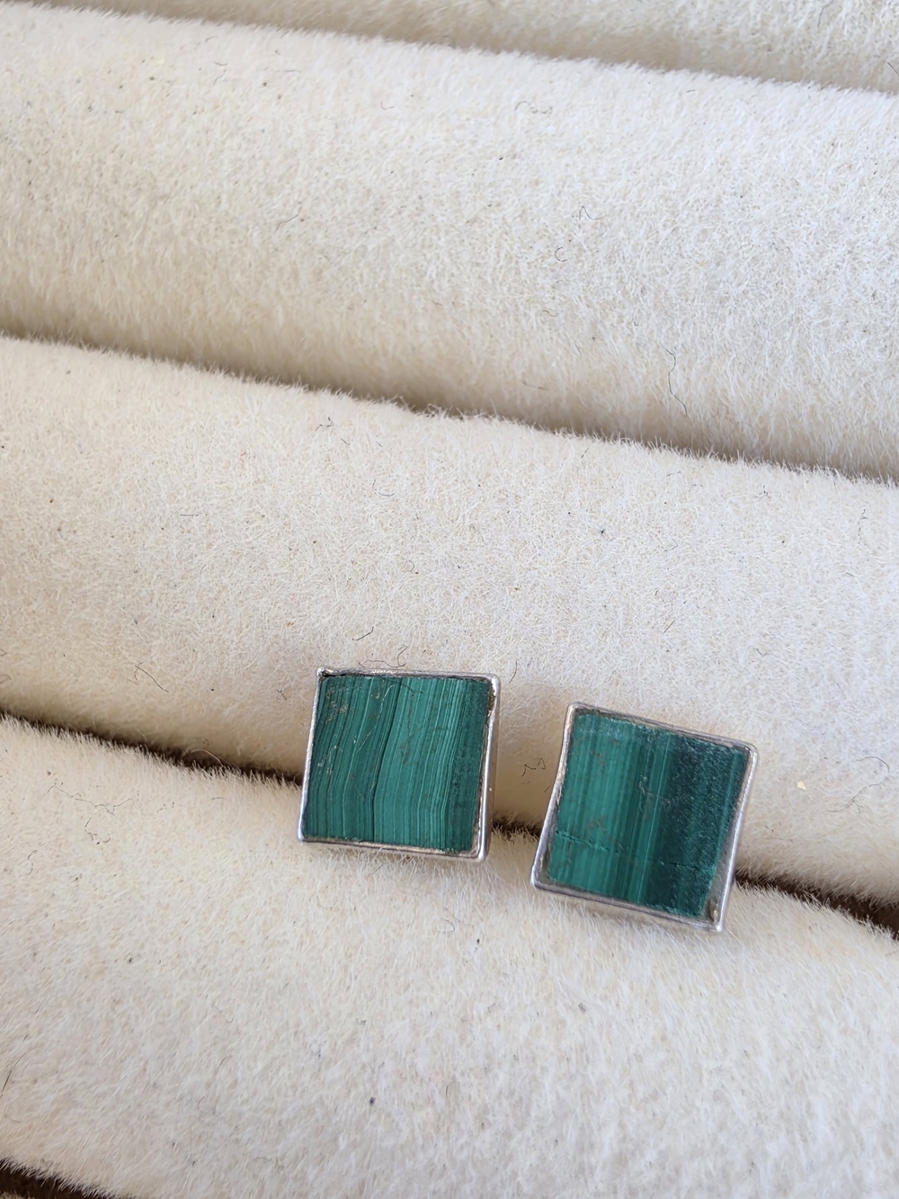 Silver Green Square Stone Stud Earrings • Acid Tested • 0.73g